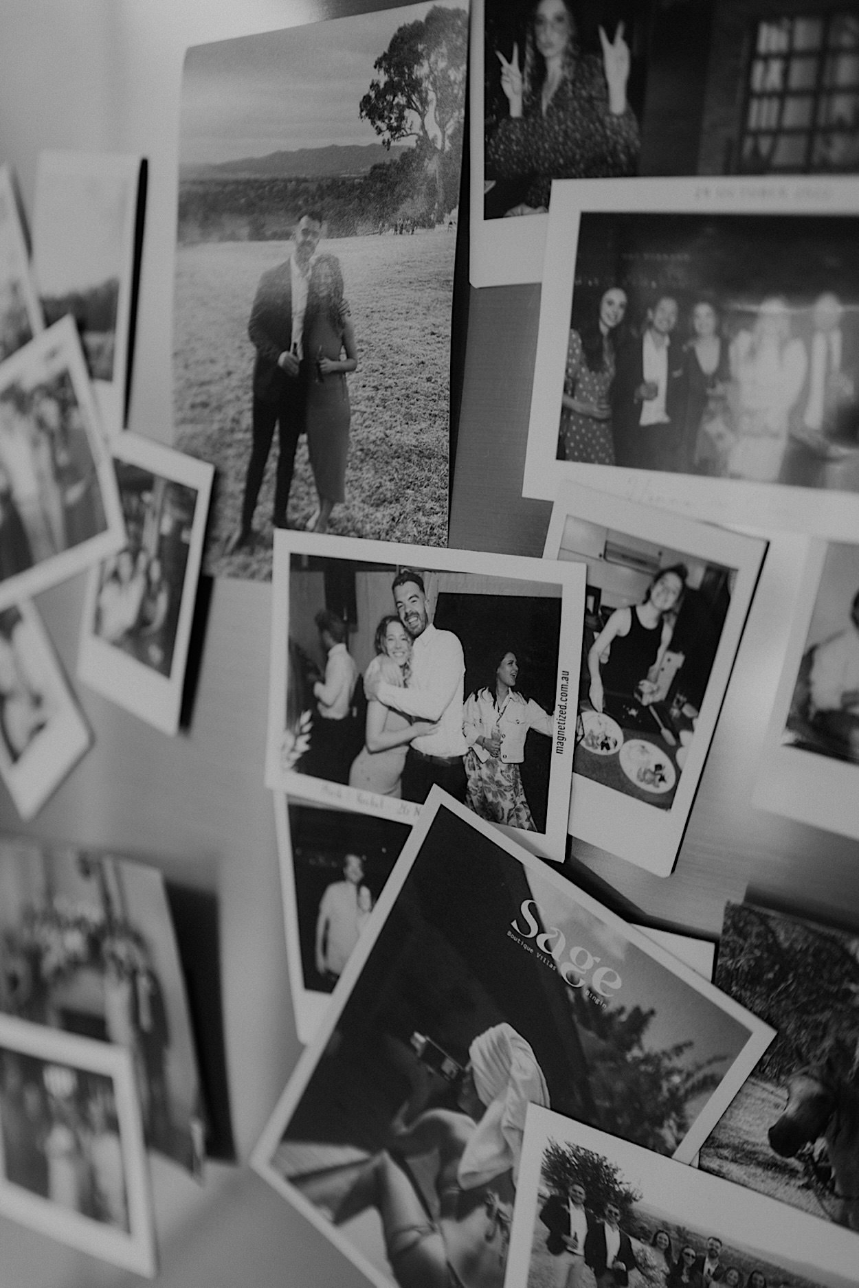 002_photo-collage-glasshaus-brucke-wedding-melbourne Close-up of the bride’s fridge adorned with personal photos of the couple, adding a sentimental touch to the home