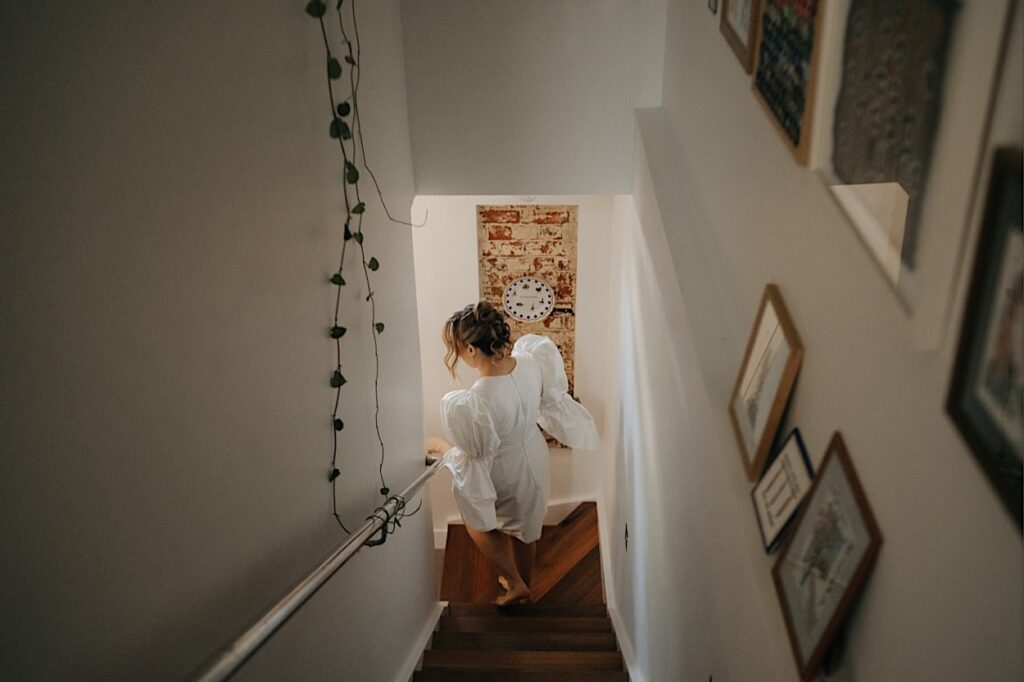 032_bride-leaving-for-altar-electric-ceremony-collingwood Bride walking down the stairs, leaving for her ceremony at Altar Electric, Collingwood, Melbourne