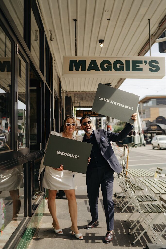 143_couple-portraits-maggies-snacks-and-liquor-wedding-melbourne Groom laughing during couple portraits at Maggie’s Snacks and Liquor wedding reception in Melbourne
