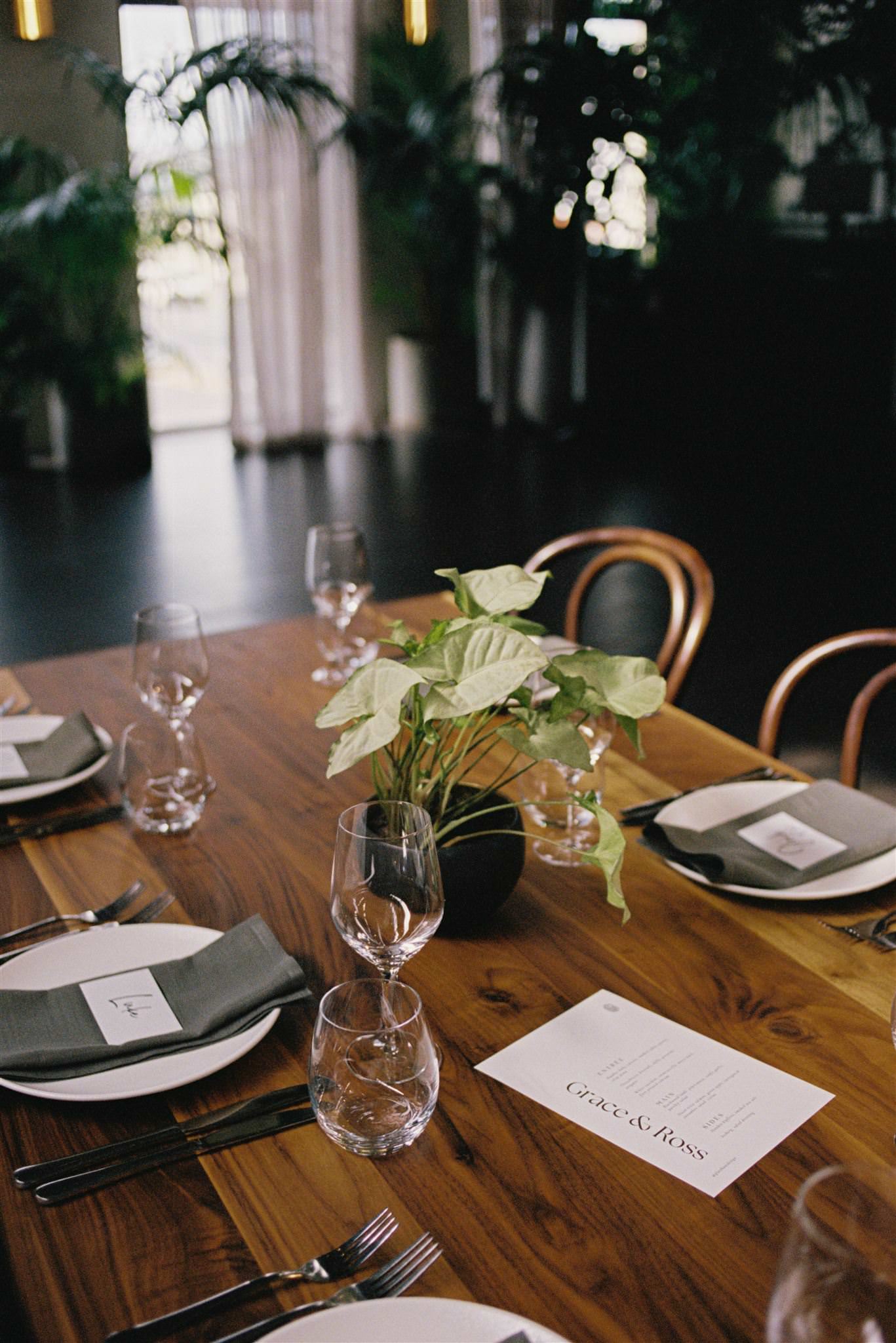 35mm-film-glasshaus-brucke-wedding-decor.jpg 35mm film photo of wedding decor featuring plant centerpieces on elegantly set tables at Glasshaus Brucke