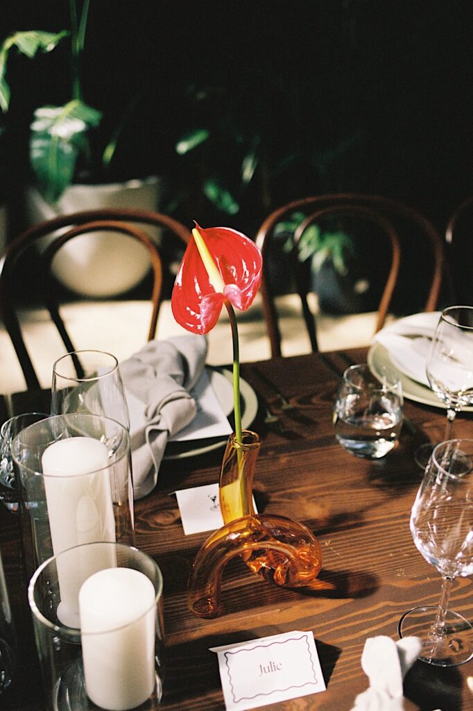 Red lily in a vase at the reception during a Glasshaus Inside wedding, captured on 35mm film.
