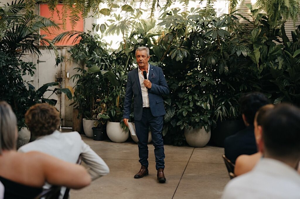 The bride’s father giving a speech during the Glasshaus Inside wedding reception.
